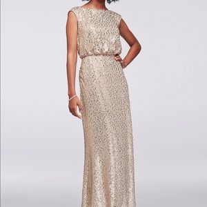 David’s Bridal floor length gold dress.